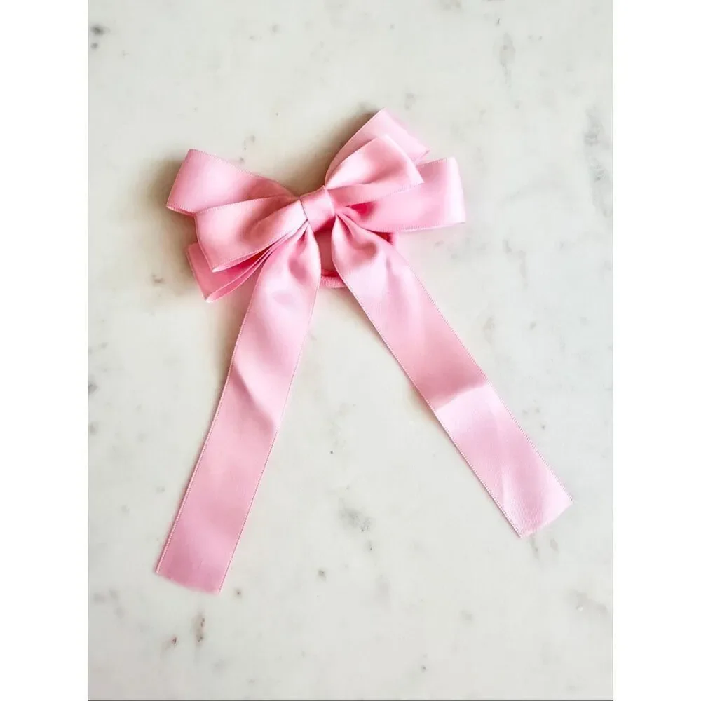 Pink Satin Ribbon Hair Bow Ponytail Holder